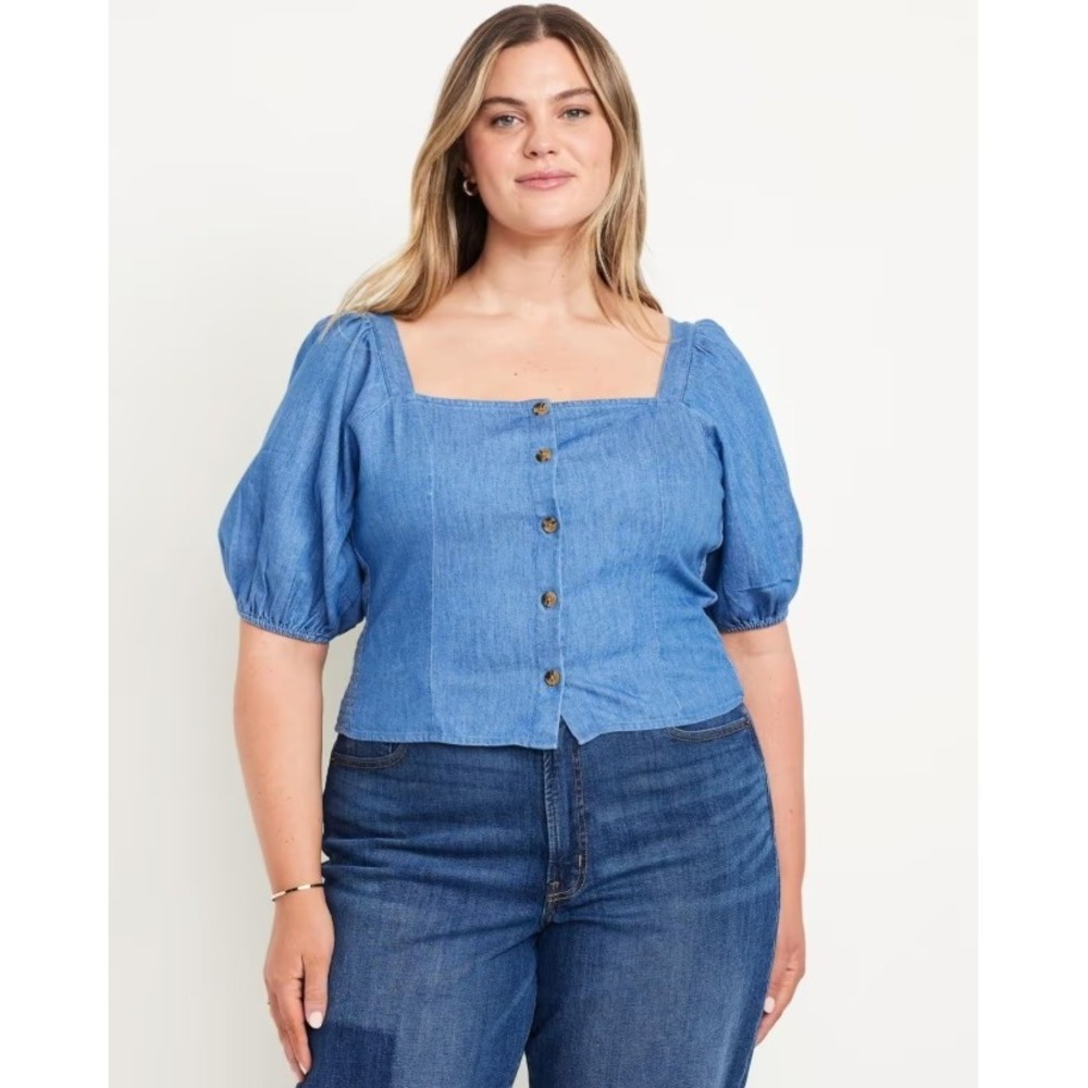 Old Navy Milkmaid Denim Chambray Puff Sleeve Square Neck Button Front Top 3X